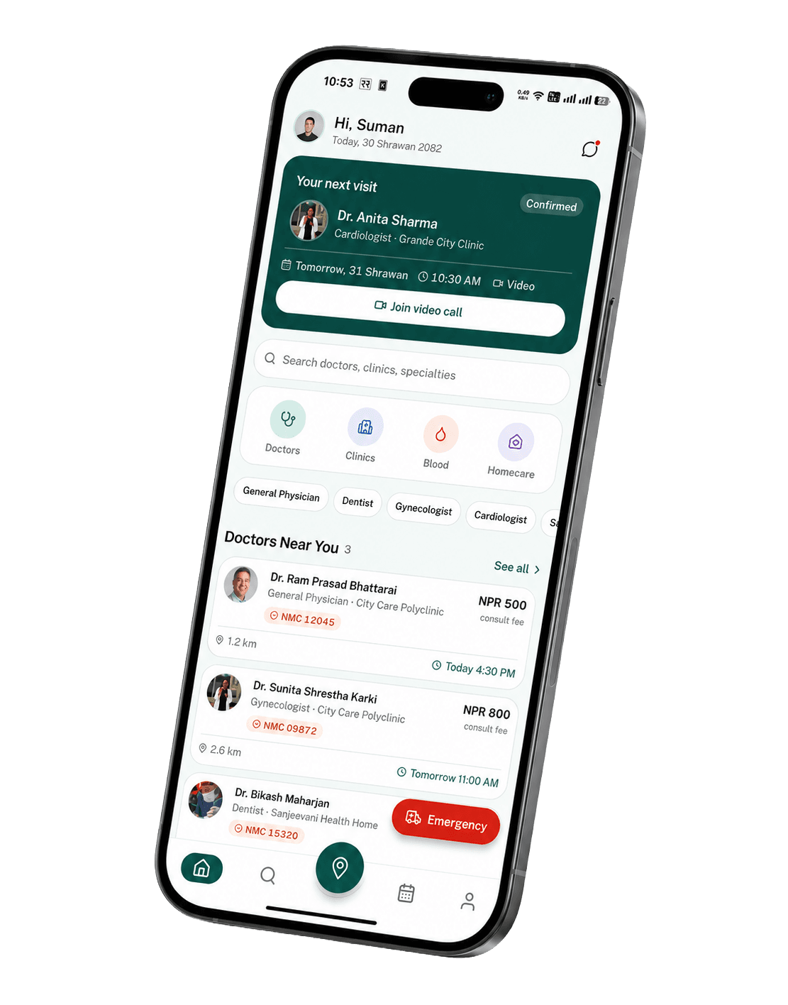 The Upachar Sewa app showing verified doctor cards, appointment booking and a health dashboard